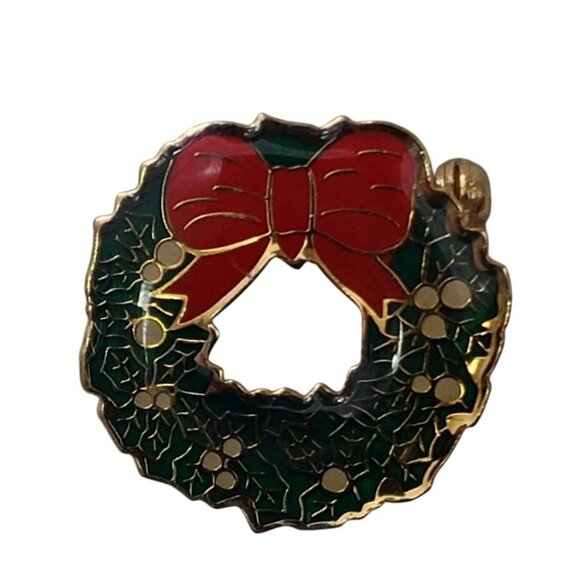 Unbranded Jewelry - Vintage Christmas Wreath Brooch Red Bow Green Holly Gold Tone Holiday Pin